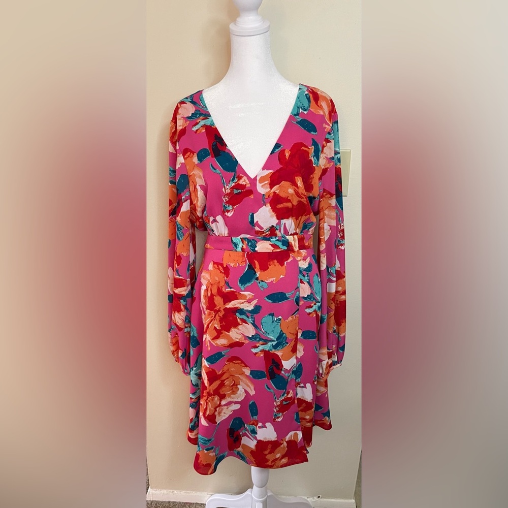 Lulus Cute Floral Print Ruffled Long Sleeve Wrap V- Neck Mini Dress Size Large.